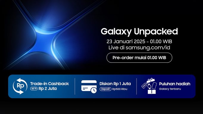 Poster teaser Galaxy Unpacked 2025 yang menampilkan sudut empat smartphone membentuk logo Galaxy AI terbaru