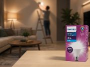 Kotak kemasan lampu philips UltraBright dengan latar belakang orang sedang memasang lampu