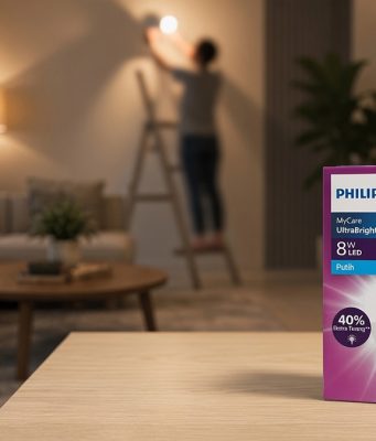 Kotak kemasan lampu philips UltraBright dengan latar belakang orang sedang memasang lampu