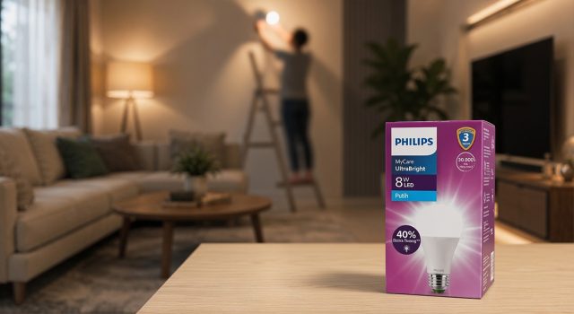 Kotak kemasan lampu philips UltraBright dengan latar belakang orang sedang memasang lampu