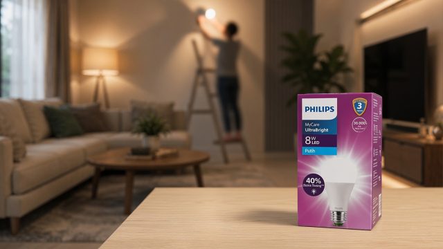 Ketika Rumah Jadi Pusat Kehidupan, Pencahayaan Jadi Penentu Kualitasnya Kotak kemasan lampu philips UltraBright dengan latar belakang orang sedang memasang lampu