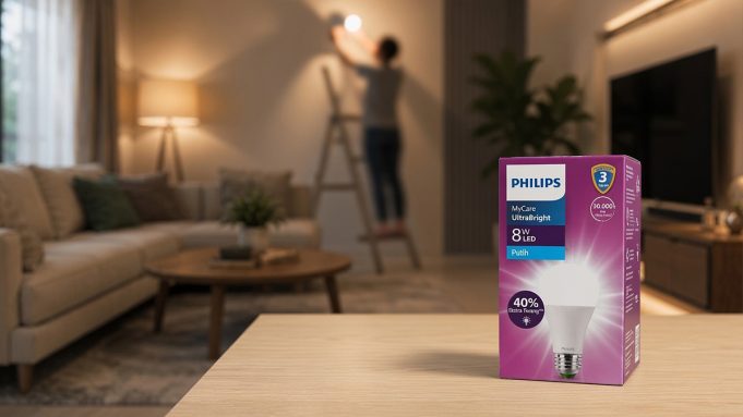 Ketika Rumah Jadi Pusat Kehidupan, Pencahayaan Jadi Penentu Kualitasnya Kotak kemasan lampu philips UltraBright dengan latar belakang orang sedang memasang lampu
