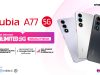 Materi promosi nubia A77 5G hasil kolaborasi dengan SMARTFREN, menawarkan internet Unlimited 5G selama 2 tahun, paket Google Gemini Plus selama 6 bulan senilai Rp450 ribu, serta koneksi 2 Mbps di jaringan 4G. Smartphone ditampilkan dalam tiga pilihan warna dengan dukungan AI dan NFC.