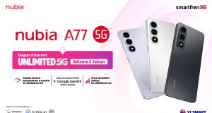 nubia A77 5G dan SMARTFREN Siapkan Paket Unlimited 5G, Ini Fitur yang Ditawarkan Materi promosi nubia A77 5G hasil kolaborasi dengan SMARTFREN, menawarkan internet Unlimited 5G selama 2 tahun, paket Google Gemini Plus selama 6 bulan senilai Rp450 ribu, serta koneksi 2 Mbps di jaringan 4G. Smartphone ditampilkan dalam tiga pilihan warna dengan dukungan AI dan NFC.