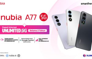 Materi promosi nubia A77 5G hasil kolaborasi dengan SMARTFREN, menawarkan internet Unlimited 5G selama 2 tahun, paket Google Gemini Plus selama 6 bulan senilai Rp450 ribu, serta koneksi 2 Mbps di jaringan 4G. Smartphone ditampilkan dalam tiga pilihan warna dengan dukungan AI dan NFC.