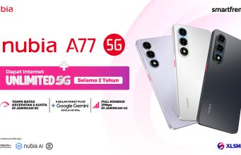 Materi promosi nubia A77 5G hasil kolaborasi dengan SMARTFREN, menawarkan internet Unlimited 5G selama 2 tahun, paket Google Gemini Plus selama 6 bulan senilai Rp450 ribu, serta koneksi 2 Mbps di jaringan 4G. Smartphone ditampilkan dalam tiga pilihan warna dengan dukungan AI dan NFC.