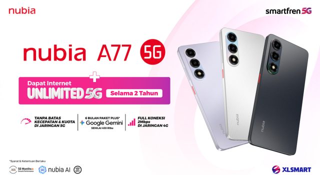 Materi promosi nubia A77 5G hasil kolaborasi dengan SMARTFREN, menawarkan internet Unlimited 5G selama 2 tahun, paket Google Gemini Plus selama 6 bulan senilai Rp450 ribu, serta koneksi 2 Mbps di jaringan 4G. Smartphone ditampilkan dalam tiga pilihan warna dengan dukungan AI dan NFC.