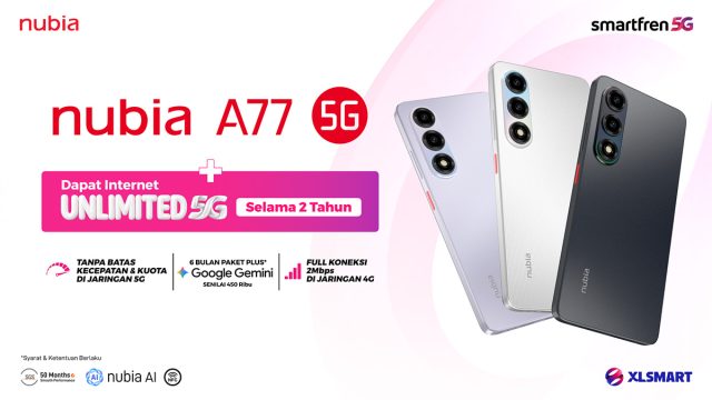 Paket-nubia-A77-5G-Smartfren Materi promosi nubia A77 5G hasil kolaborasi dengan SMARTFREN, menawarkan internet Unlimited 5G selama 2 tahun, paket Google Gemini Plus selama 6 bulan senilai Rp450 ribu, serta koneksi 2 Mbps di jaringan 4G. Smartphone ditampilkan dalam tiga pilihan warna dengan dukungan AI dan NFC.