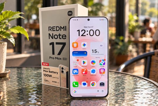 Redmi Note 17 Pro Max 5G dan kotak kemasannya di atas meja kaca bundar bertekstur di kafe dengan pencahayaan alami pagi hari, nuansa warna Fuji yang hangat, serta latar belakang kafe dengan efek bokeh.