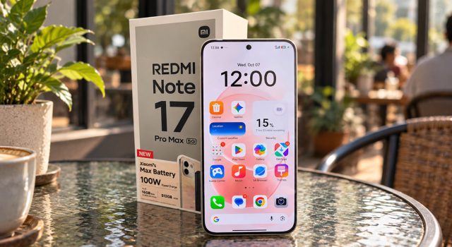 7 Alasan Kenapa Kamu Harus Memiliki REDMI Note 17 Pro Max 5G Redmi Note 17 Pro Max 5G dan kotak kemasannya di atas meja kaca bundar bertekstur di kafe dengan pencahayaan alami pagi hari, nuansa warna Fuji yang hangat, serta latar belakang kafe dengan efek bokeh.