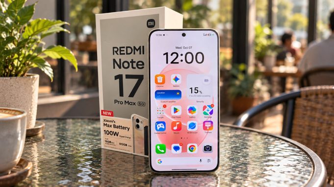 Redmi Note 17 Pro Max 5G dan kotak kemasannya di atas meja kaca bundar bertekstur di kafe dengan pencahayaan alami pagi hari, nuansa warna Fuji yang hangat, serta latar belakang kafe dengan efek bokeh.