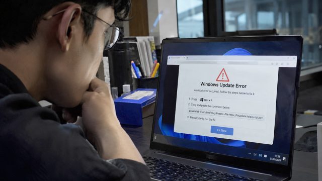 Windows-Update-Error-at-the-Desk seorang karyawan sedang membuka link yan dicurigai merupakan phising dan menuntun pada serangan malware