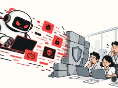 Ilustrasi line art minimalis tentang serangan siber berbasis AI, menampilkan robot menyerang sistem keamanan digital dengan ikon malware dan phishing, sementara tim keamanan siber berusaha melindungi jaringan di balik firewall.