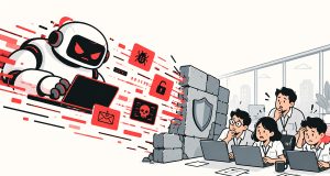 Ilustrasi line art minimalis tentang serangan siber berbasis AI, menampilkan robot menyerang sistem keamanan digital dengan ikon malware dan phishing, sementara tim keamanan siber berusaha melindungi jaringan di balik firewall.