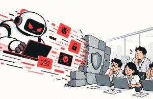 Ilustrasi line art minimalis tentang serangan siber berbasis AI, menampilkan robot menyerang sistem keamanan digital dengan ikon malware dan phishing, sementara tim keamanan siber berusaha melindungi jaringan di balik firewall.