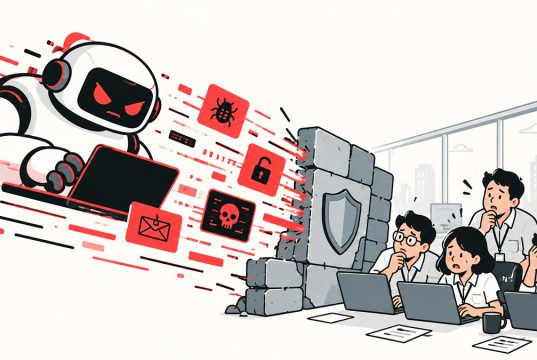 Ilustrasi line art minimalis tentang serangan siber berbasis AI, menampilkan robot menyerang sistem keamanan digital dengan ikon malware dan phishing, sementara tim keamanan siber berusaha melindungi jaringan di balik firewall.