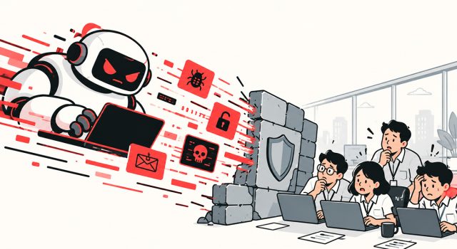 Cisco: Lebih dari 50% Serangan Siber di Indonesia Manfaatkan AI Ilustrasi line art minimalis tentang serangan siber berbasis AI, menampilkan robot menyerang sistem keamanan digital dengan ikon malware dan phishing, sementara tim keamanan siber berusaha melindungi jaringan di balik firewall.
