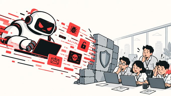 Ilustrasi line art minimalis tentang serangan siber berbasis AI, menampilkan robot menyerang sistem keamanan digital dengan ikon malware dan phishing, sementara tim keamanan siber berusaha melindungi jaringan di balik firewall.