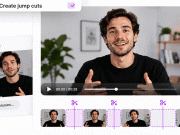 Antarmuka CutBay.ai menampilkan fitur AI Create Jump Cuts untuk menghapus jeda dalam video presenter secara otomatis, dengan perbandingan video sebelum penyuntingan dan timeline yang menunjukkan bagian-bagian yang dipotong.