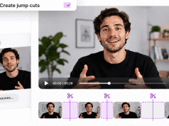 Antarmuka CutBay.ai menampilkan fitur AI Create Jump Cuts untuk menghapus jeda dalam video presenter secara otomatis, dengan perbandingan video sebelum penyuntingan dan timeline yang menunjukkan bagian-bagian yang dipotong.