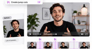 Antarmuka CutBay.ai menampilkan fitur AI Create Jump Cuts untuk menghapus jeda dalam video presenter secara otomatis, dengan perbandingan video sebelum penyuntingan dan timeline yang menunjukkan bagian-bagian yang dipotong.