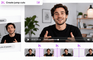 Antarmuka CutBay.ai menampilkan fitur AI Create Jump Cuts untuk menghapus jeda dalam video presenter secara otomatis, dengan perbandingan video sebelum penyuntingan dan timeline yang menunjukkan bagian-bagian yang dipotong.