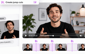 Antarmuka CutBay.ai menampilkan fitur AI Create Jump Cuts untuk menghapus jeda dalam video presenter secara otomatis, dengan perbandingan video sebelum penyuntingan dan timeline yang menunjukkan bagian-bagian yang dipotong.