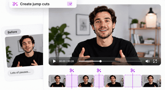 Antarmuka CutBay.ai menampilkan fitur AI Create Jump Cuts untuk menghapus jeda dalam video presenter secara otomatis, dengan perbandingan video sebelum penyuntingan dan timeline yang menunjukkan bagian-bagian yang dipotong.