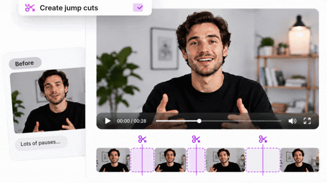 Antarmuka CutBay.ai menampilkan fitur AI Create Jump Cuts untuk menghapus jeda dalam video presenter secara otomatis, dengan perbandingan video sebelum penyuntingan dan timeline yang menunjukkan bagian-bagian yang dipotong.